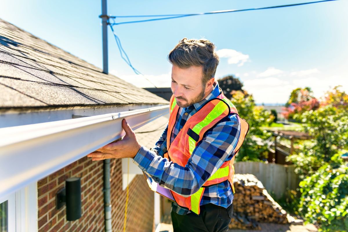 A man wearing a safety vest examines the gutter of a house, ensuring proper maintenance during a roof inspection.